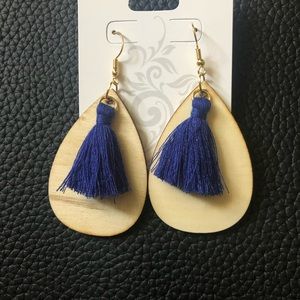 Blue tassel wood earrings